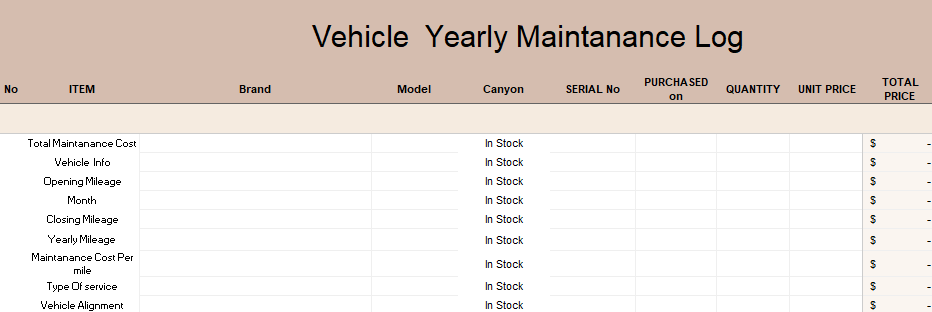 Fleet maintenance sheet